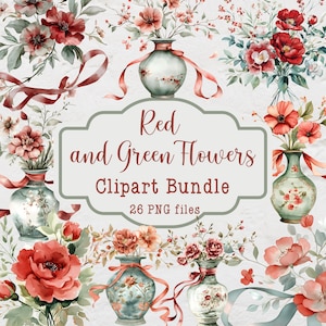Pacchetto di clipart di fiori rossi e verdi, 26 file PNG, clipart floreali ad acquerello, fiori in vasi, toile de france, clipart chinoiserie