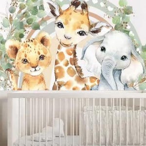 Pegatinas de pared de vinilo con dibujos de animales de la selva, hojas y acuarela para habitación infantil, decoración de dormitorio infantil.