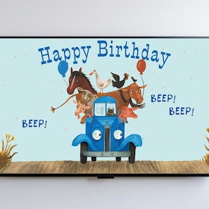 Kleine blauwe vrachtwagen gefeliciteerd met je verjaardag | Samsung lijst tv-kunst | Lijst tv-kunst | Digitale download | Verjaardagsfeestje voor kinderen