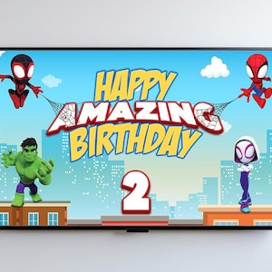 May include: A rectangular digital birthday banner featuring the text Happy Amazing Birthday and the number 2. The design includes cartoon illustrations of Spider-Man, Hulk, and Ghost-Spider against a blue sky and city skyline background.