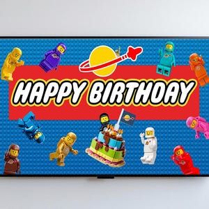 Rymdfödelsedag med tegelsten | Rymdmansfigurer i färg | Samsung Frame TV-konst | Digital nedladdning | Barnkalas