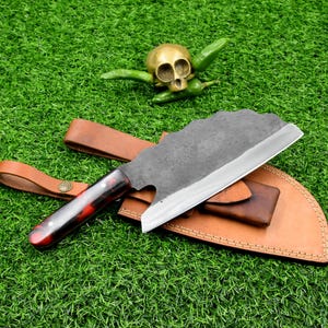 Serbian Cleaver, Handmade Damascus Steel Serbian Cleaver, Serbian Knife with Leather Sheath, Gift for him