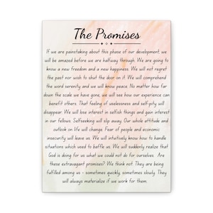 Puede incluir: Impresión en lienzo rectangular con el título "The Promises" en escritura elegante. El texto es negro, con un fondo suave, similar a una acuarela, en tonos melocotón y crema. La impresión presenta texto inspirador.