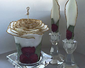 Glitter Rose Unity Candle Set w/ Gold or Silver & Red Rose Petals, Beauty and the Beast Wedding, Romantic Fairytale Wedding, Disney Wedding