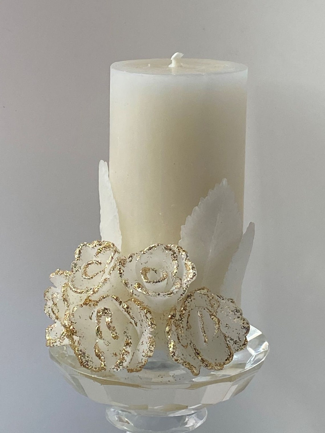 White Beeswax Floral Pillar Candle with Wax Flowers & Leaves Etsy