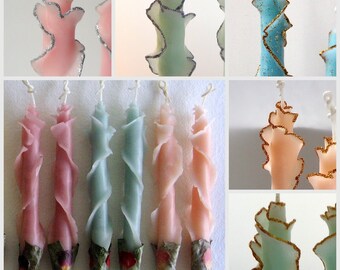 Decorative Pastel Beeswax Taper Candles w/Rose Petals, Shabby Chic Decor, Unique Flower Candle, Glitter Taper Candles