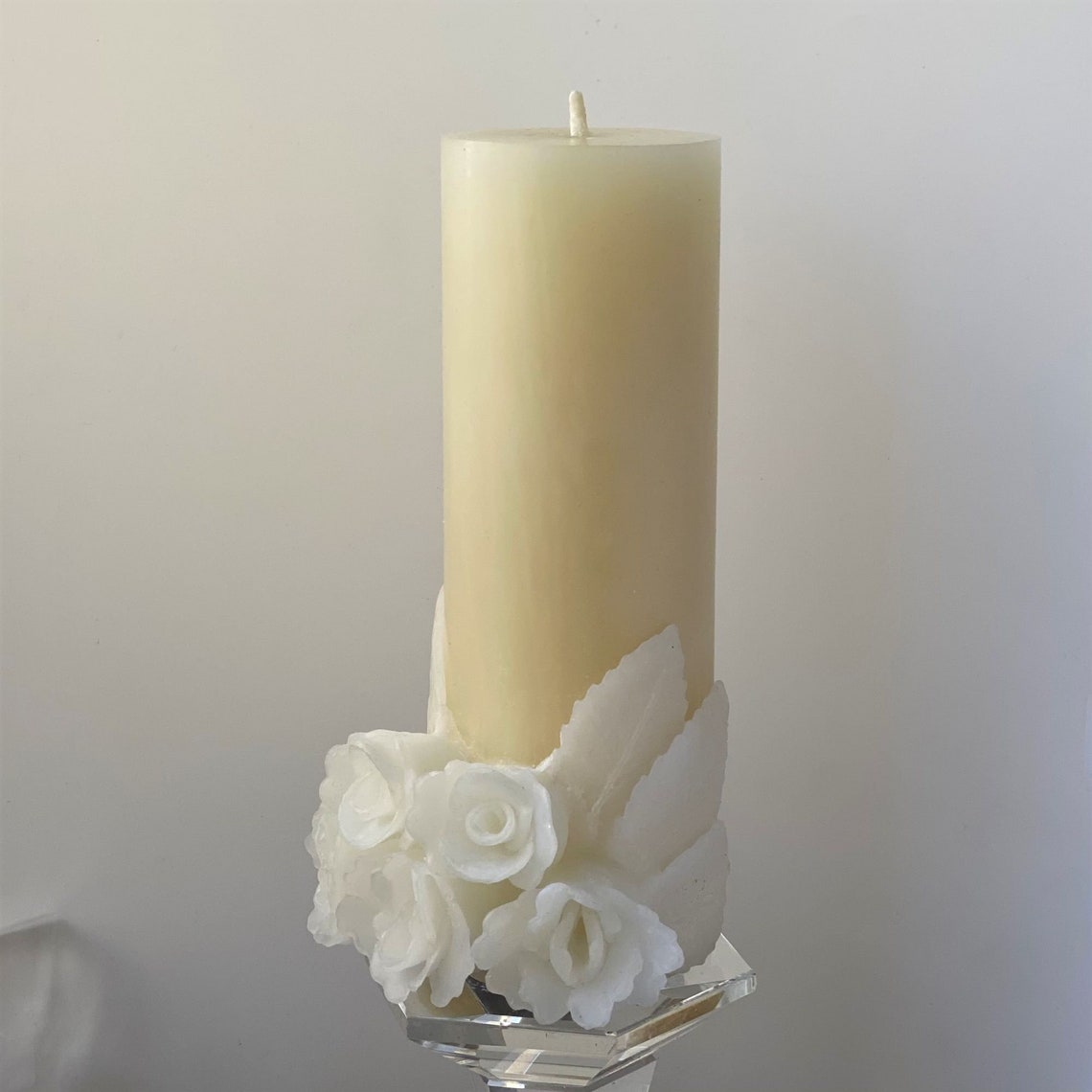 White Beeswax Floral Pillar Candle with Wax Flowers & Leaves Etsy