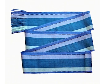 Ocean Blue Woven Ikat Belt, SA73 - Vintage New-Old-Stock Fair Trade Guatemalan Costume Sash-Belt - Handwoven Striped Pirate Sash ≈3-5/8"x88"