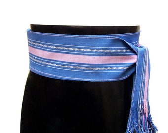 Azure Blue Long Woven Belt, SA65 - Pirate Sash - Vintage NOS, Fair Trade, Guatemalan Ikat Fabric Folk Belt - Woven Sash Belt, Men Women