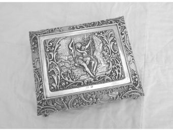 Springtime, Young Love - Antique Sterling Silver Repousse Casket Jewelry Box, H. Matthews 1899, Victorian Art Nouveau Heirloom Keepsake Gift