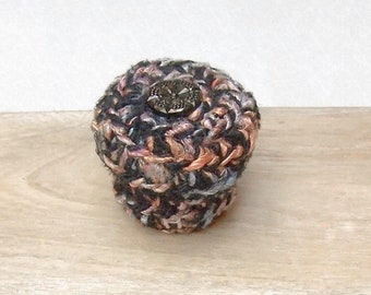 Fiber Arts Basket, Embellished w/ Vintage Glass Flower Button - Decorative, Handmade, Silk Sari Basket - Small Lidded Basket, Gift for Her