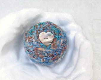 Small Lidded Basket, Gift for Her, Shelf Decor - Handmade, Basket with Lid, Embellished w/ Mother of Pearl Heart Button - Silk Anniversary