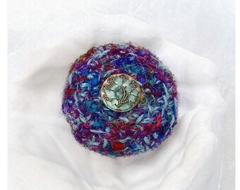 Fiber Arts, Silk Sari Basket w/ Czech Glass Floral Button - One of a Kind, Blue Purple, Basket with Lid - Gift for Her, Twelfth Anniversary