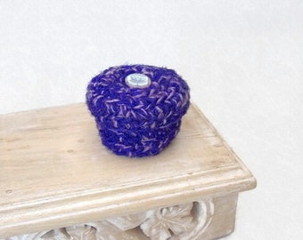 Shelf Decor, Fiber Arts Basket, Embellished w/ Iridescent Star Flower - Purple, Silk Sari Gift, Twelfth Anniversary, Small Lidded Basket