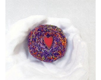 Unique Silk Sari, Small Lidded Basket, w/ Red Heart Button - Shelf Decor, Decorative Basket, Heart Gift for Her - Crocheted Basket in Purple