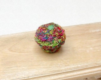 Tiny Colorful, Silk Sari Basket, Embellished w/ Vintage Glass Flower Button - One of a Kind Basket, Handmade, Silk Anniversary, Gift for Her