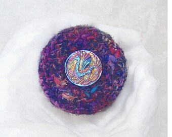 Embellished Silk Sari Basket w/ Iridescent Glass Dragon - Decorative, Crocheted, Handmade Basket - Unique Shelf Decor - Purple, Gift for Her