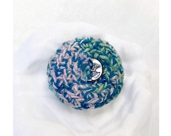 Small Lidded Basket, Embellished w/ Man in the Moon - Unique New Baby Gift - Handmade Crocheted Basket - Shelf Decor, Pastel Silk Sari Gift