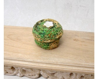 Small Lidded Basket, Shelf Decor, Silk Sari Gift, Embellished w/ Antique Mother of Pearl Flower Button - Silk Anniversary Unique Flower Gift