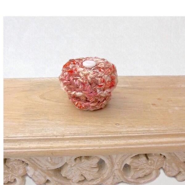 Tiny Basket with Lid, Embellished w/ Vintage Mod Glass Button - Unique Silk Sari, Crocheted Basket in Coral - Silk Anniversary, Gift for Her