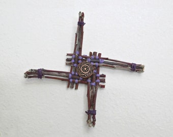 Wooden Brigid Cross Woven in Purple - Rustic Apple Wood Button Embellished Sun Ornament - Unique Celtic Inspired Home Blessing Hearth Gift