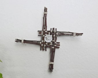 Woven Wood Brigid Cross - Handmade Wooden Apple Ornament Embellished w/ Celtic Inspired Silver Button - Unique Hearth Home Blessing Gift