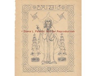 Diana L. Paxson, Unique One of a Kind Original Art - Signed Pen & Ink Drawing on Paper - Illustration of Goddess Brigid, Celtic Mythology