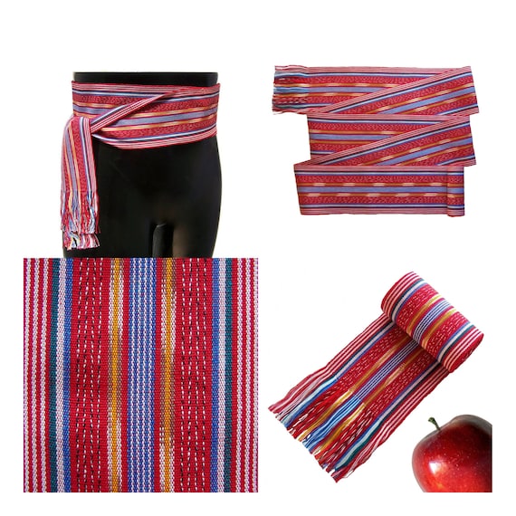 Red Ikat Fabric Woven Sash, SA07 - Long Woven Belt - Vintage