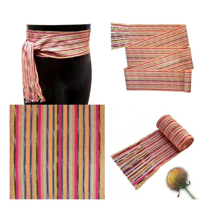 Copper Gold Ikat Woven Sash Belt, SA23 Pirate Sash, Long Woven Belt Vintage NOS Fair Trade Guatemala, Earth-Tone Folk, Handwoven Belts image 4