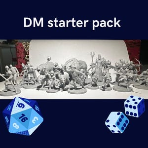 May include: A collection of gray plastic miniature figures, including a wizard, a warrior, and a dragon, arranged on a table with a white surface. The figures are part of a Dungeons and Dragons starter pack. There are also three blue dice on the table.