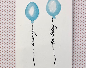 Happy Birthday Card, Watercolor Balloon Card, Hand Lettered Birthday Card, Blank Birthday Card, Cute Birthday Card, Birthday Card Pack