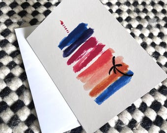 Tropical Sunset Watercolor Birthday Card | Palm Tree Cake Art Print (5.25 x 7.25 inches)