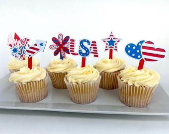 4th of July Cupcake Toppers: Patriotic Party Food Picks, Set of 7