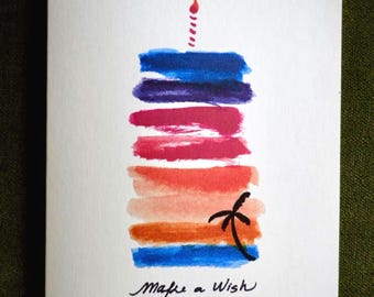 Watercolor Sunset Palm Tree Birthday Card | Tropical Make a Wish Greeting 5.25x7.25