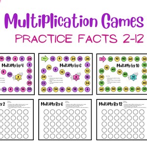May include: Educational game set for practicing multiplication facts, featuring colorful game boards with numbers and instructions. The title "Multiplication Games" is displayed in purple, with "PRACTICE FACTS 2-12" below it.