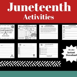 Pode incluir: Um gráfico preto e vermelho com as palavras "Atividades do Juneteenth" no topo. A imagem apresenta várias folhas de atividades em preto e branco com o texto "Juneteenth" e "June 19, 1865". Um gráfico de estrela branca diz "11 x 8.5 Download instantâneo".
