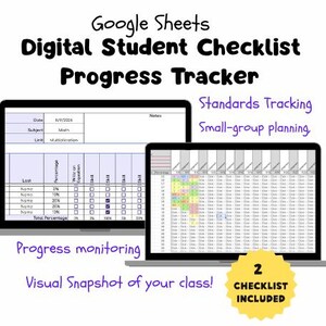 May include: A digital student checklist progress tracker for Google Sheets displayed on two laptop screens. The text reads Google Sheets Digital Student Checklist Progress Tracker, Standards Tracking, Small-group planning, Progress monitoring, Visual Snapshot of your class!, and 2 CHECKLIST INCLUDED.
