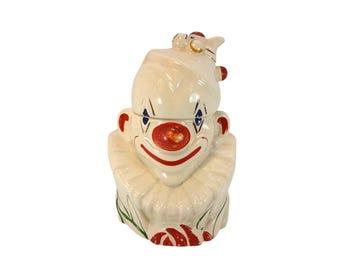 Pote de biscoitos vintage grande McCoy Clown, branco e vermelho, com tampa de cerâmica pintada à mão.