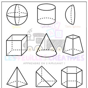 May include: Black and white line drawings of 3D geometric shapes, including a sphere, cylinder, cube, cone, and others. The French text "Les formes en 3D" is at the top, with additional text below. The website address is at the bottom.
