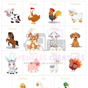 May include: A colourful educational chart featuring cartoon farm animals, including a cow, chicken, rooster, sheep, horse, rabbit, goat, dog, donkey, pig, llama, and turkey. The text "Les animaux de la ferme" is at the top.