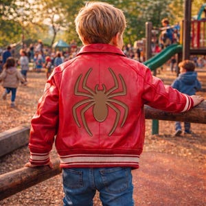 May include: A red leather jacket featuring a large brown spider graphic on the back, a classic collar, and striped ribbed cuffs and hem. The jacket is worn over blue denim jeans, showcasing a structured fit with long sleeves and a button-up front.