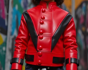 Kids Red Leather Thriller Jacket | 80s Pop Star Costume for Boys & Girls | Michael Jackson Style Halloween Cosplay | Beat It Dance Outfit