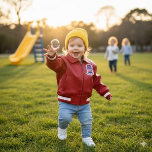 May include: A bright red leather bomber jacket with white striped cuffs and hem, featuring a small embroidered patch on the chest with a flag design. The jacket is worn with light blue denim jeans, a yellow knit beanie, and white sneakers.