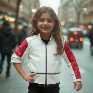 May include: A white jacket with red sleeves and black trim. The jacket has a zip closure and is worn by a person. The background shows a city street with blurred figures and vehicles.