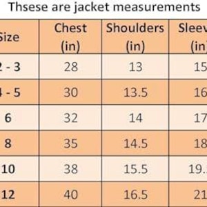Op de afbeelding: Een lichtoranje en witte maattabel met de titel 'Thsese are jacket measurements' met kolommen voor maat, borst, schouders, mouwen en lengte in inches. De tabel bevat afmetingen voor de maten XXS tot en met XL, vari&euml;rend van 2 tot 12.