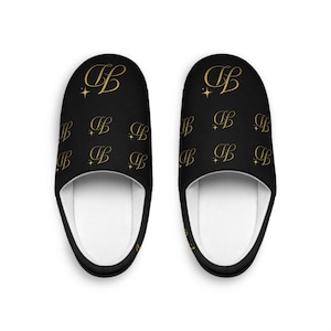 Monogram Slippers: Black & Gold Flannel Fleece House Shoes