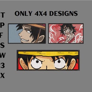 Puede incluir: Un conjunto de cuatro parches bordados con personajes de anime. Los parches miden 10,16 cm x 10,16 cm y presentan personajes con detalles rojos, negros y blancos. El texto "ONLY 4X4 DESIGNS" se muestra encima de los parches.