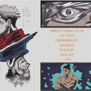 Könnte beinhalten: Ein Set mit 26 Stickdateien mit Anime-Charakteren. Die Dateien sind in den Formaten PES, EXP, HUS, JEF und VP3 verfügbar. Das Bild zeigt eine Nahaufnahme eines Charakters und eine Ganzkörperansicht eines muskulösen Charakters.