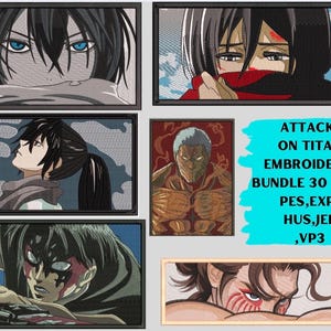 Puede incluir: Un paquete de archivos de bordado digital de 30 archivos para personajes de Ataque a los Titanes. Los archivos están disponibles en los formatos PES, EXP, HUS, JEF y VP3.