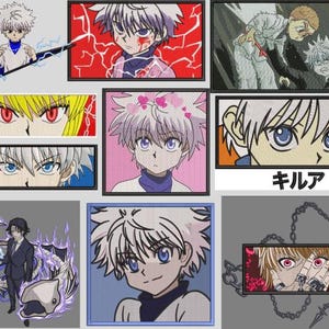 Può includere: Una collezione di toppe ricamate colorate con personaggi anime con capelli bianchi e occhi rossi. Le toppe sono rettangolari e hanno un bordo bianco. Il testo "キルア" è visibile su una delle toppe.